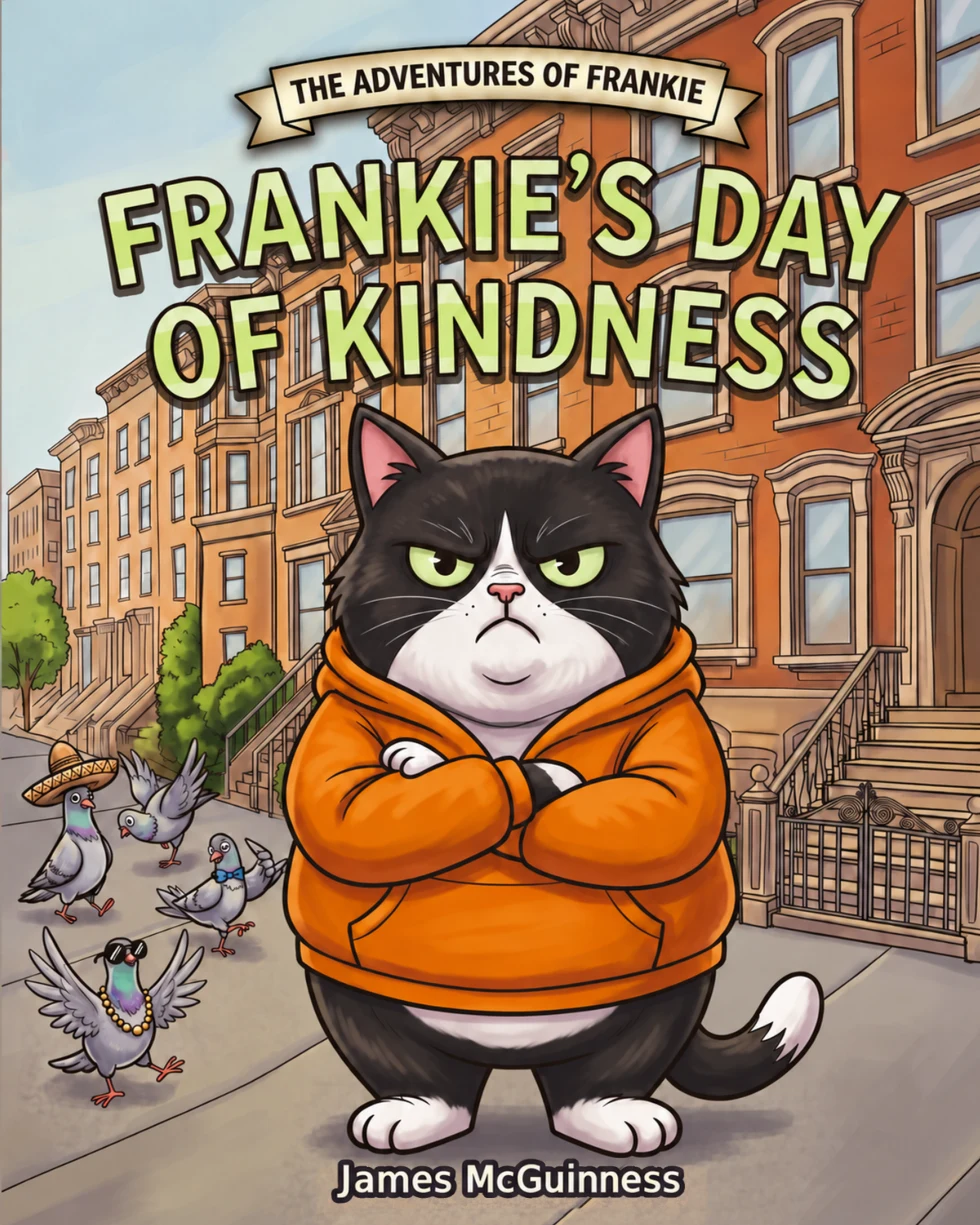 Frankie's Day of Kindness book cover: a grumpy tuxedo cat in an orange hoodie on a neighborhood sidewalk
